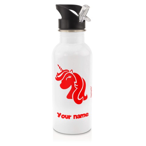 in White (600ml) with Drinking Straw (Unicorn Icon) Red (Personalised with Text)