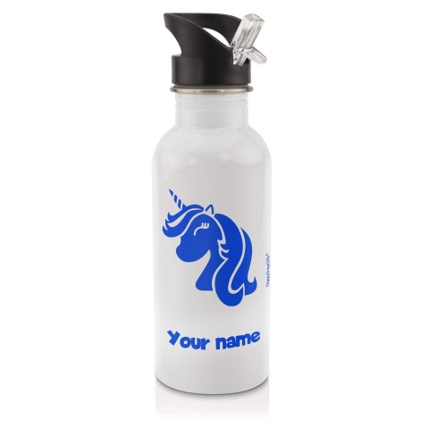 in White (600ml) with Drinking Straw (Unicorn Icon) Royal Blue (Personalised with Text)