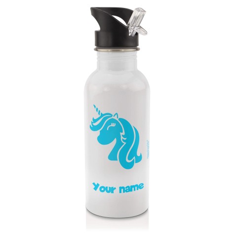 in White (600ml) with Drinking Straw (Unicorn Icon) Sky Blue (Personalised with Text)