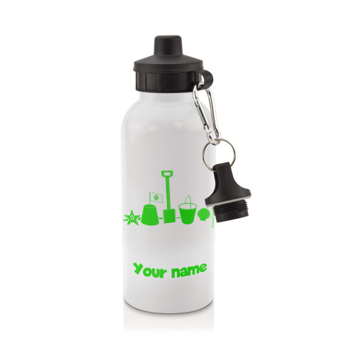 in White (600ml) with Screw Cap (Bucket & Spade Icon) Bright Green (Personalised with Text)