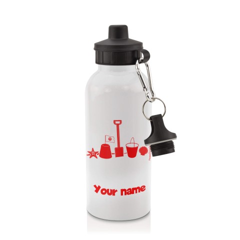 in White (600ml) with Screw Cap (Bucket & Spade Icon) Red (Personalised with Text)