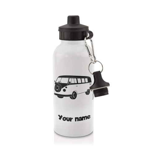 in White (600ml) with Screw Cap (Camper Van Icon) Black (Personalised with Text)