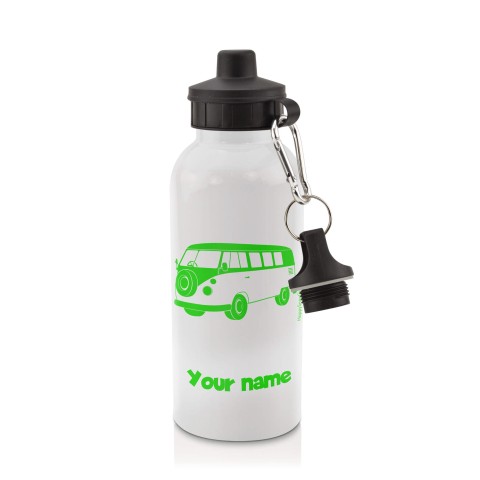 in White (600ml) with Screw Cap (Camper Van Icon) Bright Green (Personalised with Text)