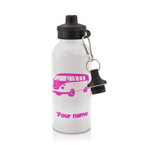 in White (600ml) with Screw Cap (Camper Van Icon) Hot Pink (Fuchsia) (Personalised with Text)
