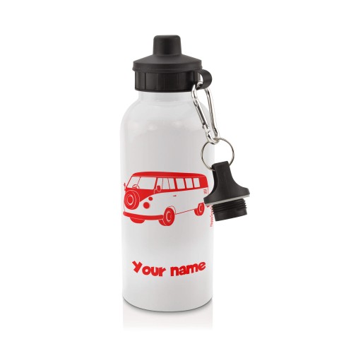 in White (600ml) with Screw Cap (Camper Van Icon) Red (Personalised with Text)