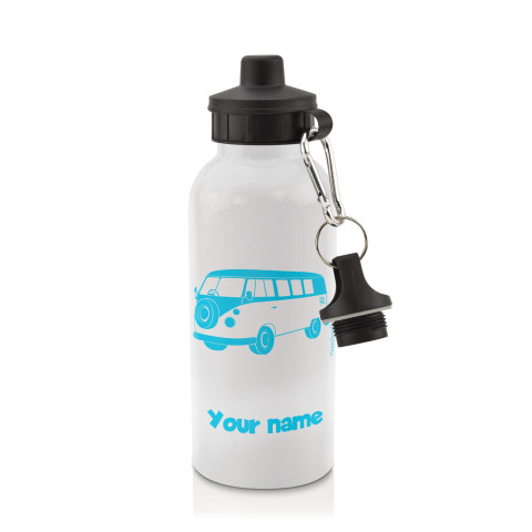 in White (600ml) with Screw Cap (Camper Van Icon) Sky Blue (Personalised with Text)