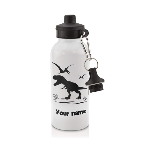 in White (600ml) with Screw Cap with Dinosaur Icon Black (Personalised with Text)