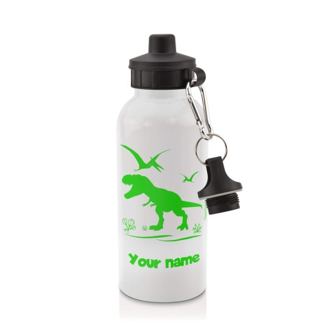 in White (600ml) with Screw Cap with Dinosaur Icon Bright Green (Personalised with Text)