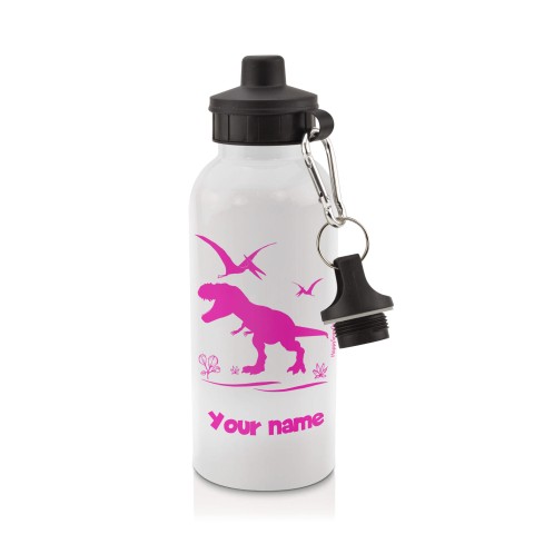 in White (600ml) with Screw Cap with Dinosaur Icon Hot Pink (Fuchsia) (Personalised with Text)