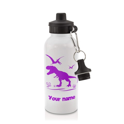 in White (600ml) with Screw Cap with Dinosaur Icon Purple (Personalised with Text)