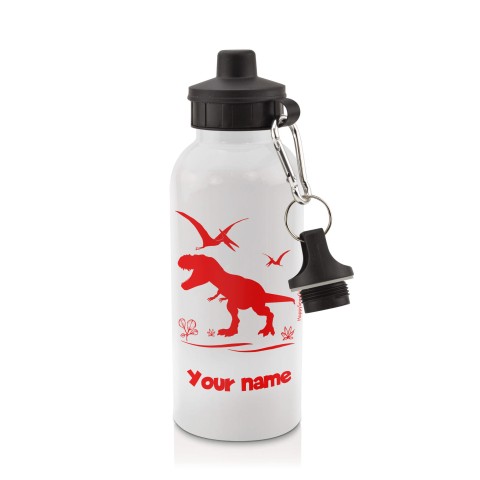 in White (600ml) with Screw Cap with Dinosaur Icon Red (Personalised with Text)