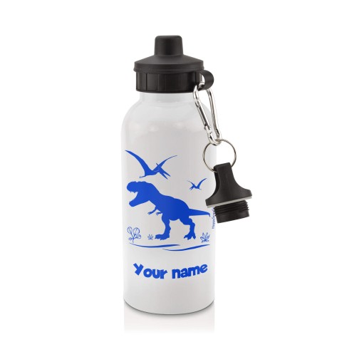 in White (600ml) with Screw Cap with Dinosaur Icon Royal Blue (Personalised with Text)