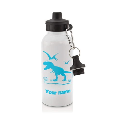 in White (600ml) with Screw Cap with Dinosaur Icon Sky Blue (Personalised with Text)