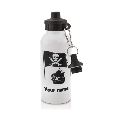 in White (600ml) with Screw Cap (Pirate Flag Icon) Black (Personalised with Text)