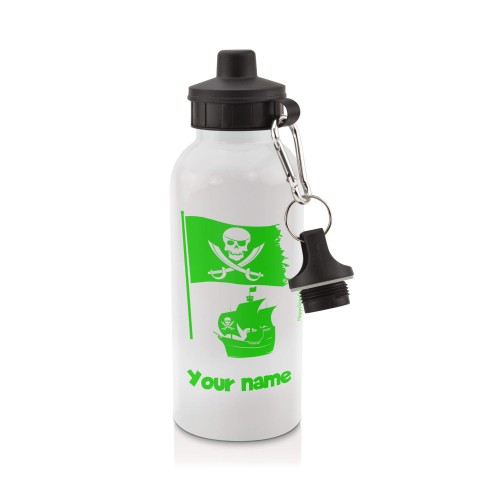 in White (600ml) with Screw Cap (Pirate Flag Icon) Bright Green (Personalised with Text)
