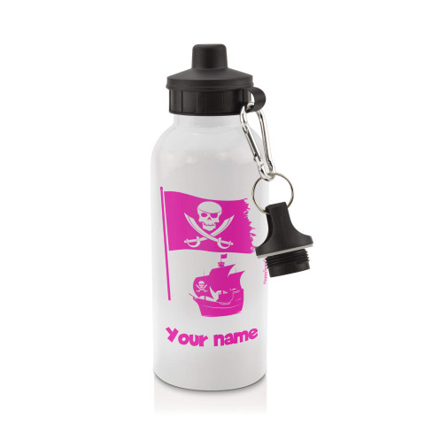 in White (600ml) with Screw Cap (Pirate Flag Icon) Hot Pink (Fuchsia) (Personalised with Text)
