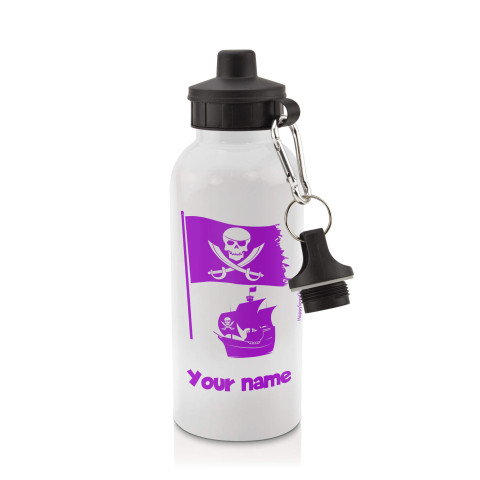 in White (600ml) with Screw Cap (Pirate Flag Icon) Purple (Personalised with Text)