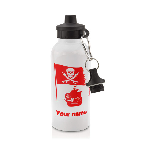 in White (600ml) with Screw Cap (Pirate Flag Icon) Red (Personalised with Text)
