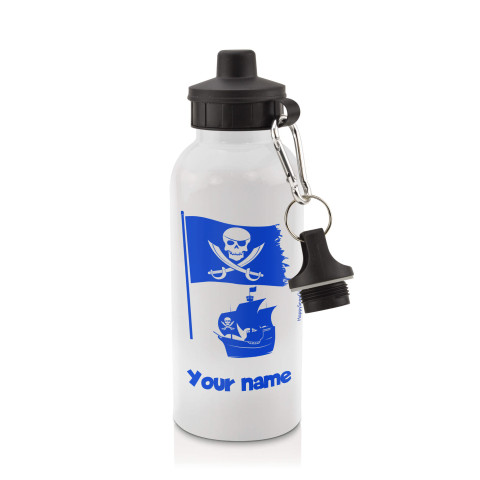 in White (600ml) with Screw Cap (Pirate Flag Icon) Royal Blue (Personalised with Text)