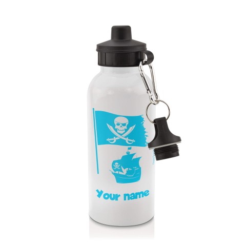 in White (600ml) with Screw Cap (Pirate Flag Icon) Sky Blue (Personalised with Text)