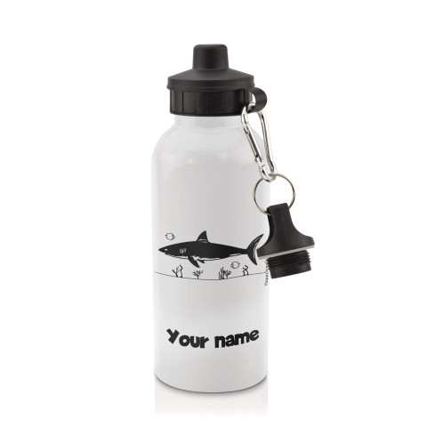 in White (600ml) with Screw Cap (Shark Icon) Black (Personalised with Text)