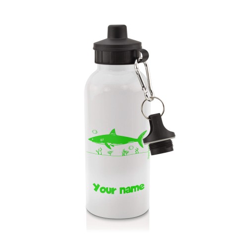 in White (600ml) with Screw Cap (Shark Icon) Bright Green (Personalised with Text)