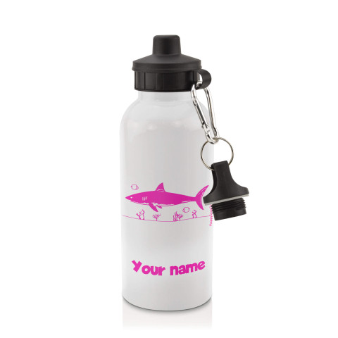 in White (600ml) with Screw Cap (Shark Icon) Hot Pink (Fuchsia) (Personalised with Text)
