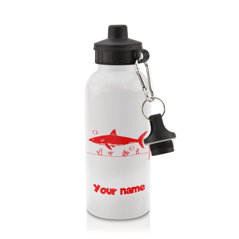 in White (600ml) with Screw Cap (Shark Icon) Red (Personalised with Text)