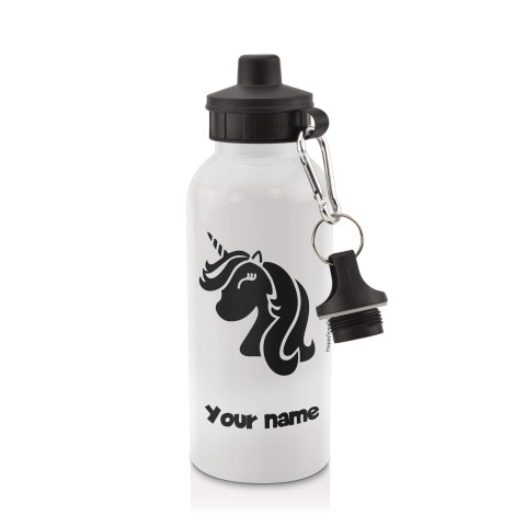 in White (600ml) with Screw Cap (Unicorn Icon) Black (Personalised with Text)