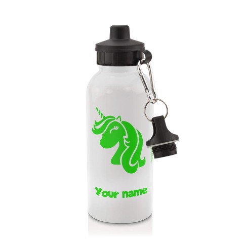 in White (600ml) with Screw Cap (Unicorn Icon) Bright Green (Personalised with Text)