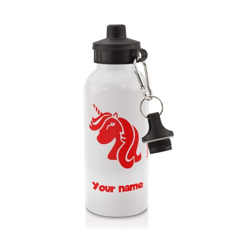 in White (600ml) with Screw Cap (Unicorn Icon) Red (Personalised with Text)