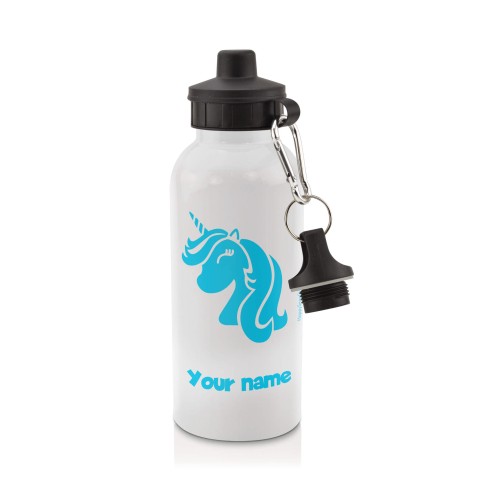 in White (600ml) with Screw Cap (Unicorn Icon) Sky Blue (Personalised with Text)