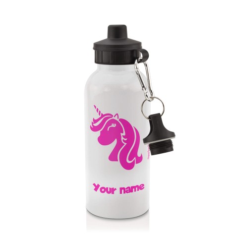 in White (600ml) with Screw Cap (Unicorn Icon) Hot Pink (Fuchsia) (Personalised with Text)