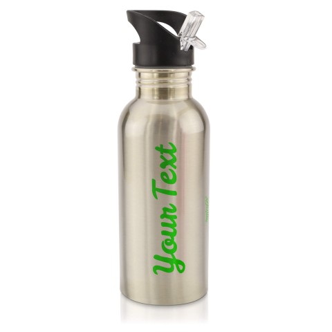 in Silver (600ml) with Drinking Straw Bright Green (Personalised with Text)