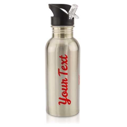 in Silver (600ml) with Drinking Straw Red (Personalised with Text)