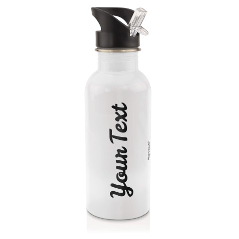 in White (600ml) with Drinking Straw Black (Personalised with Text)