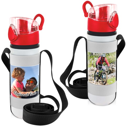 - Red with 2 Photos Printed Front & Back (Personalised with Text) with Black Water Bottle Sling