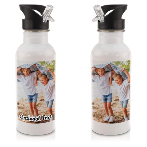 in White (600ml) with Drinking Straw with 1 Photo Printed Front & Back (Personalised with Text)
