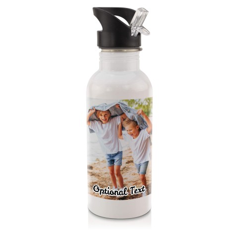 in White (600ml) with Drinking Straw with 1 Wrapped Around Image (Personalised with Text)