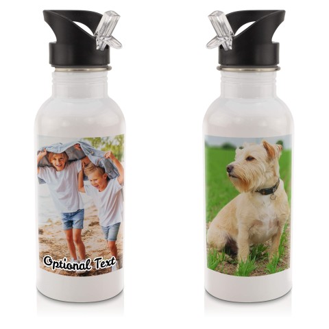 in White (600ml) with Drinking Straw with 2 Photos Printed Front & Back (Personalised with Text)