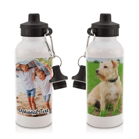 in White (600ml) with Screw Cap with 2 Photos Printed Front & Back (Personalised with Text)
