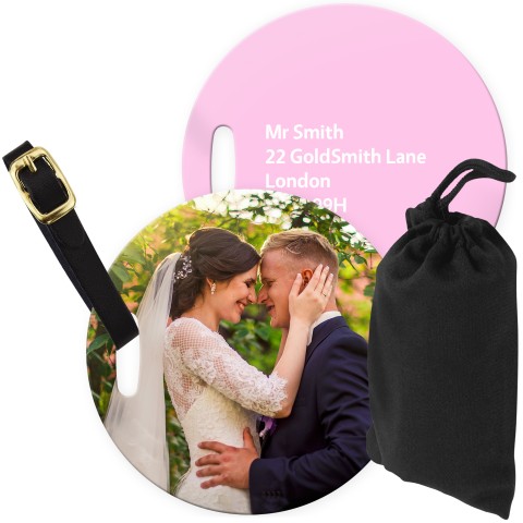 (10cm Circle) Baby Pink with Leather Strap (Personalised with Text) with Small Black Storage Pouch