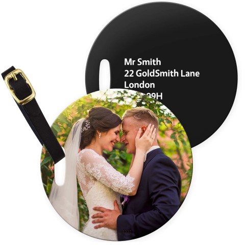 (10cm Circle) Black with Leather Strap (Personalised with Text)