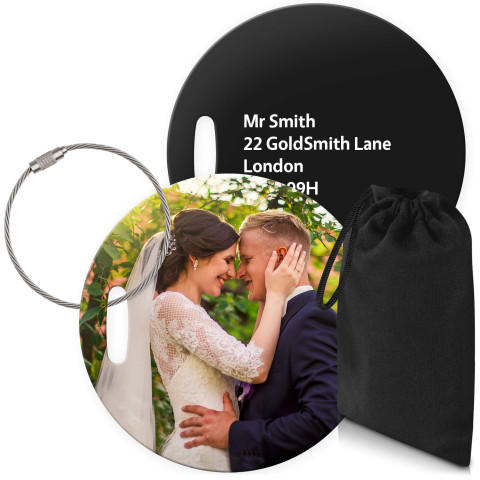 (10cm Circle) Black with Metal Loop (Personalised with Text) with Small Black Storage Pouch