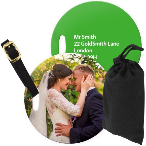 (10cm Circle) Bright Green with Leather Strap (Personalised with Text) with Small Black Storage Pouch