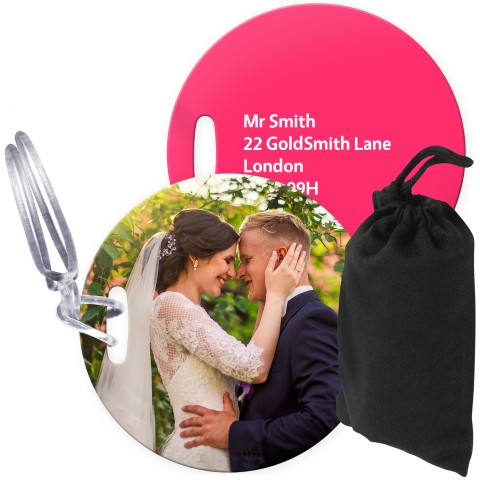 (10cm Circle) Hot Pink (Fuchsia) with Clear Loop (Personalised with Text) with Small Black Storage Pouch
