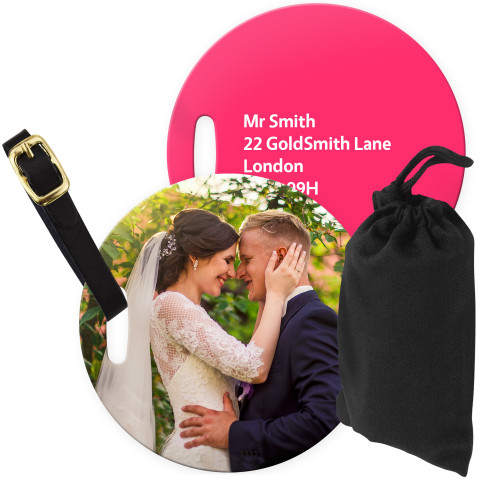 (10cm Circle) Hot Pink (Fuchsia) with Leather Strap (Personalised with Text) with Small Black Storage Pouch