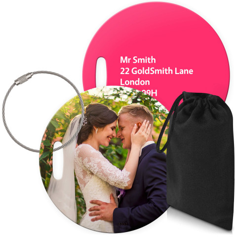 (10cm Circle) Hot Pink (Fuchsia) with Metal Loop (Personalised with Text) with Small Black Storage Pouch