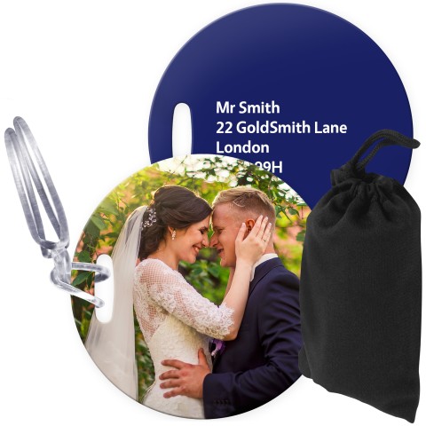 (10cm Circle) Navy Blue with Clear Loop (Personalised with Text) with Small Black Storage Pouch