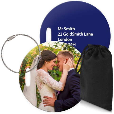 (10cm Circle) Navy Blue with Metal Loop (Personalised with Text) with Small Black Storage Pouch